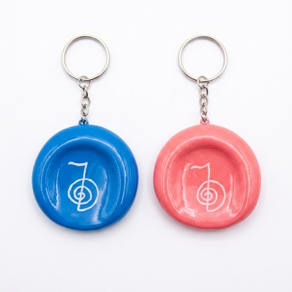 Peças redondas com formato levemente côncavo, destacando o símbolo de Reiki (Cho Ku Rei) centralizado na cor branca.
