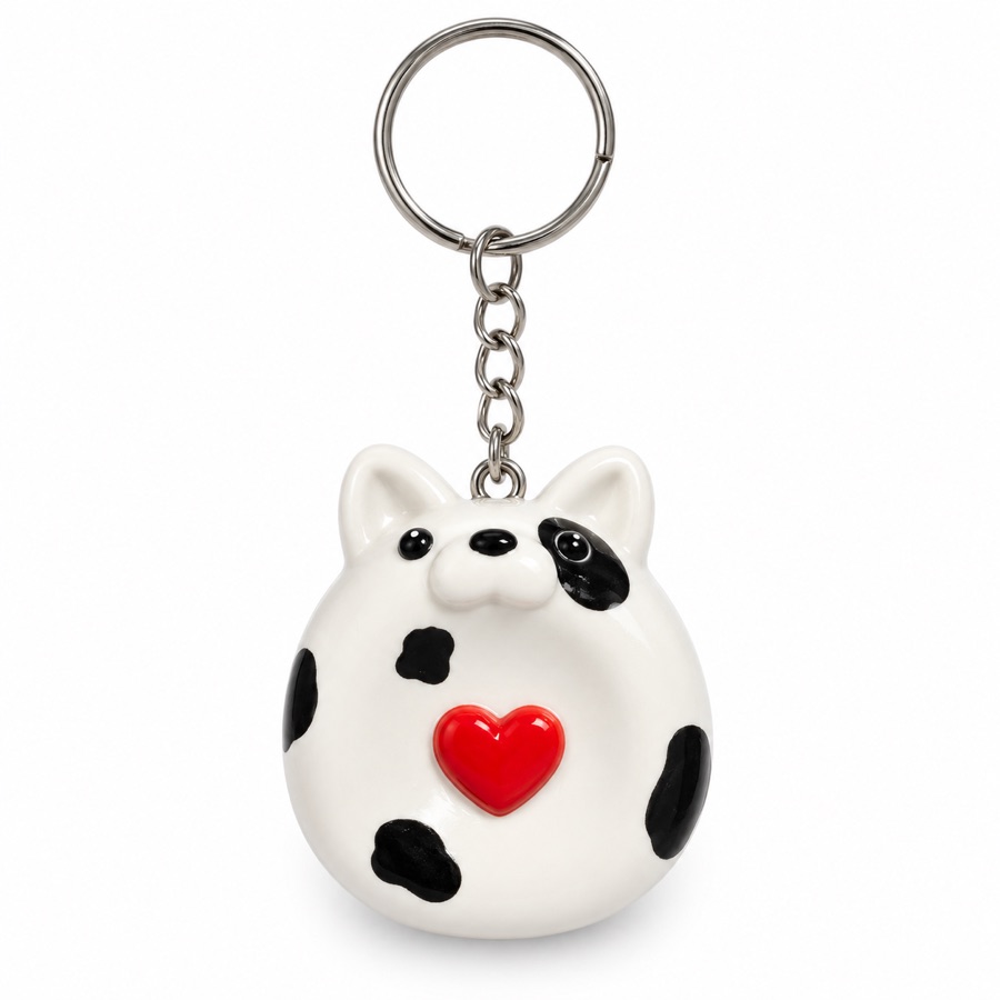 Pedra da calma anti-stress em cerâmica fria, gatinho dálmata com coração vermelho, feita à mão