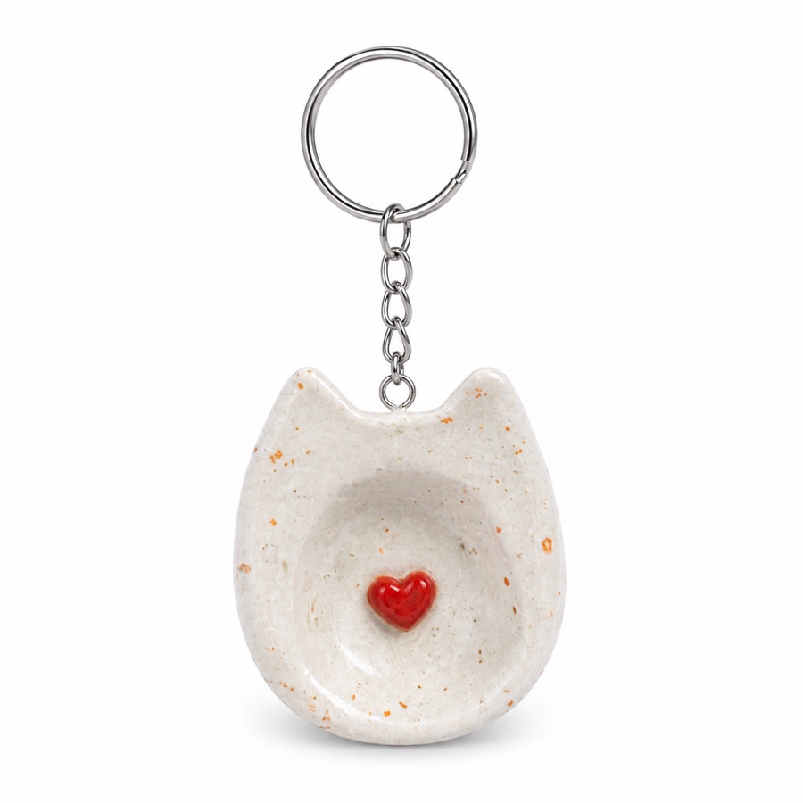 Pedra da calma anti-stress em cerâmica fria, gatinho com acabamento rústico e coração vermelho, feita à mão